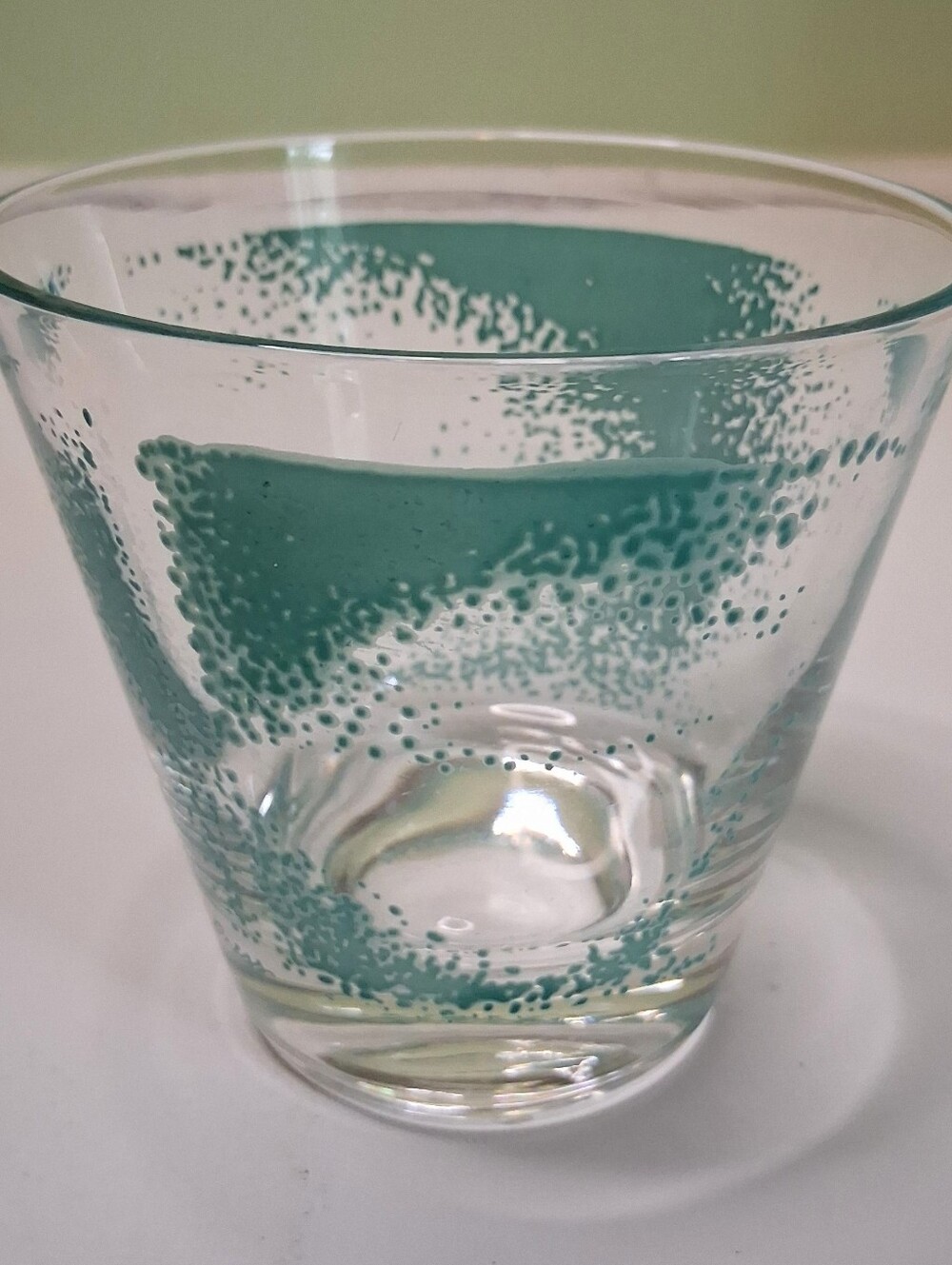 Vintage Fred Press Signed Teal Stipple Rocks Glass MCM Mid Century Barware